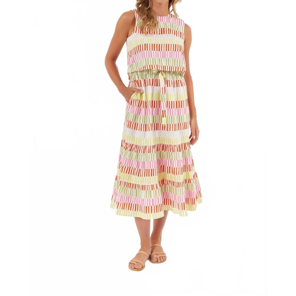 Striped Sleeveless A-Line Midi Skirt Dress in Pink, Green & Yellow